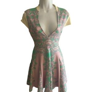 Pencey Flare Skater Dress - 2 green pink cream , polyester spandex